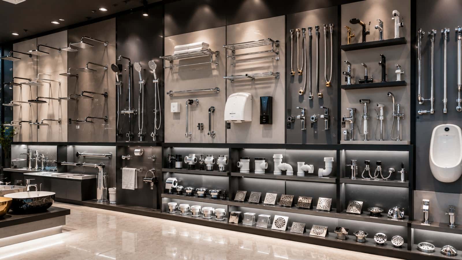 Showroom wall display of showers, health faucets, bath accessories and drain gratings