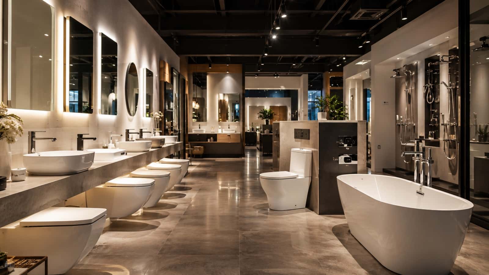 Showroom aisle lined with counter-top wash basins, wall-hung water closets and a freestanding bath