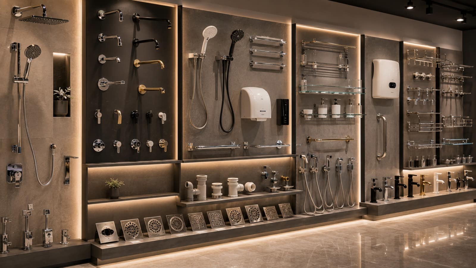 Curated wall display of premium ceramic basins and sinks