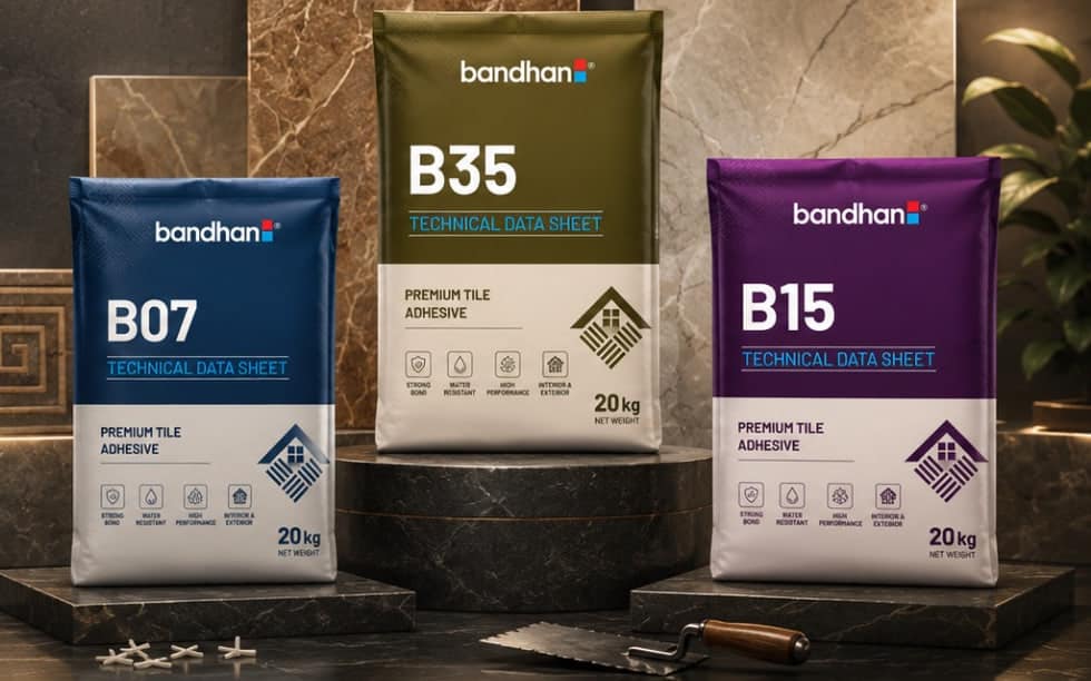 Bandhan B07, B35 and B15 premium tile adhesive bags displayed on stone plinths