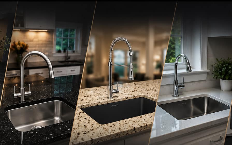 Stainless steel and quartz undermount kitchen sinks set into granite and quartz countertops