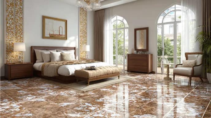 Glossy vitrified floor tiles in a luxury bedroom