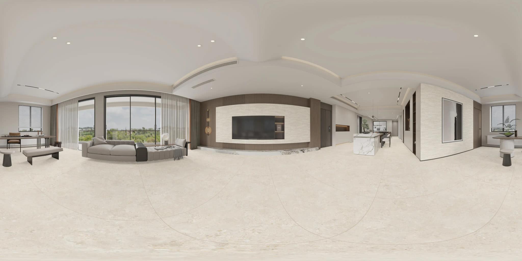 360° room render with Forland Bianco Decore on the feature wall