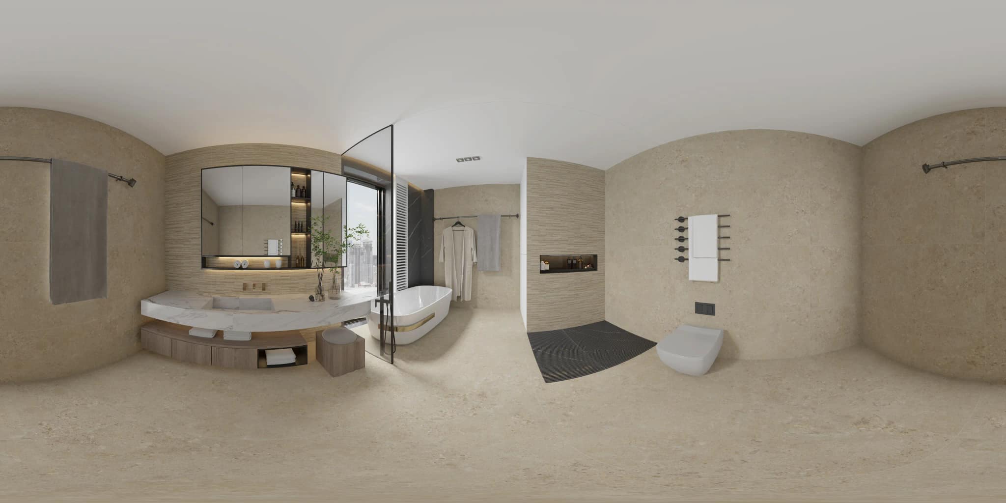 360° room render with Forland Sand Decore on the feature wall