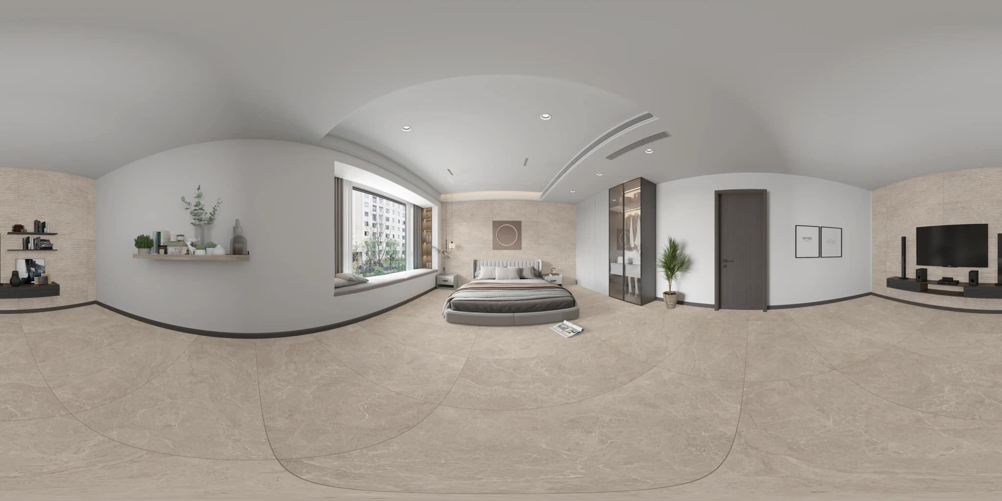 360° room render with Luciana Sand Decore on the feature wall
