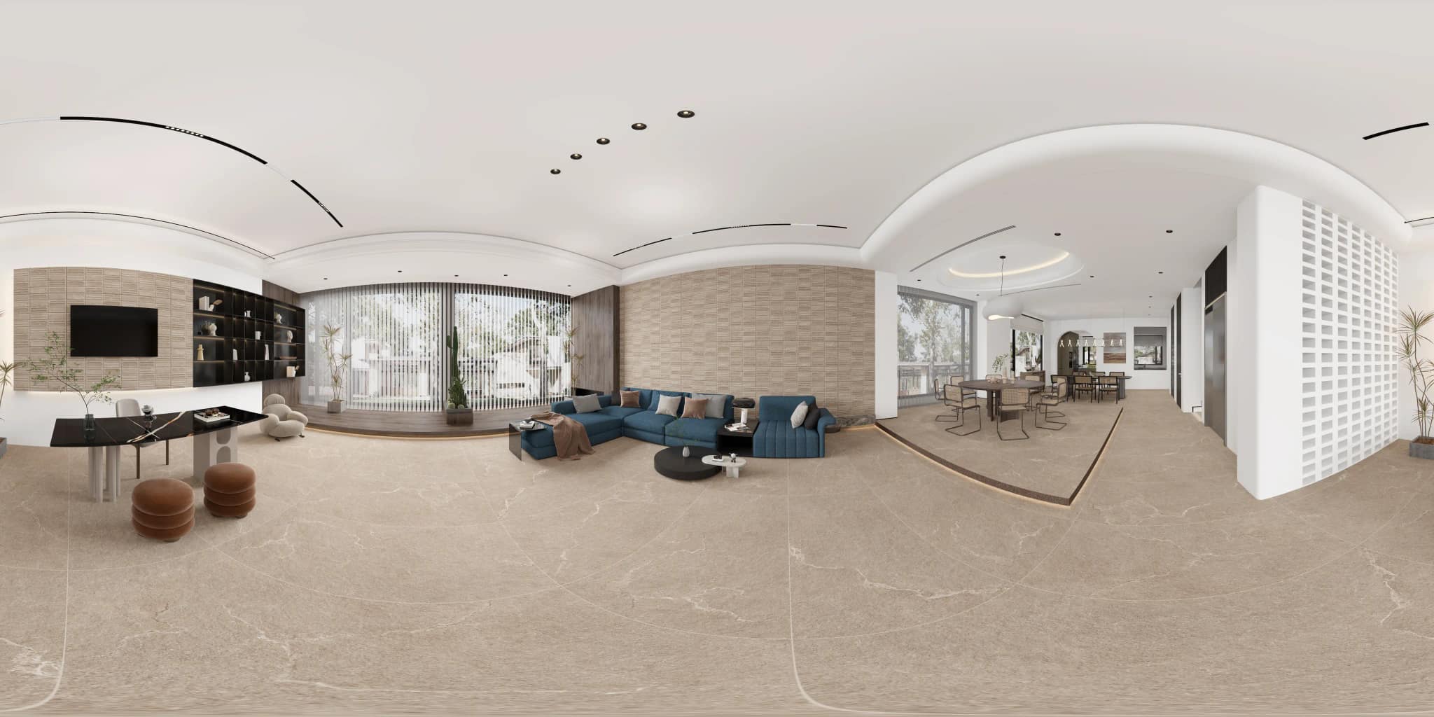 360° room render with Mirella Sand Decore on the feature wall