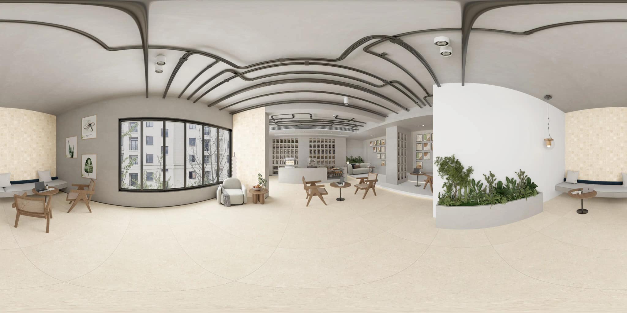 360° room render with Neomi Crema Decore on the feature wall