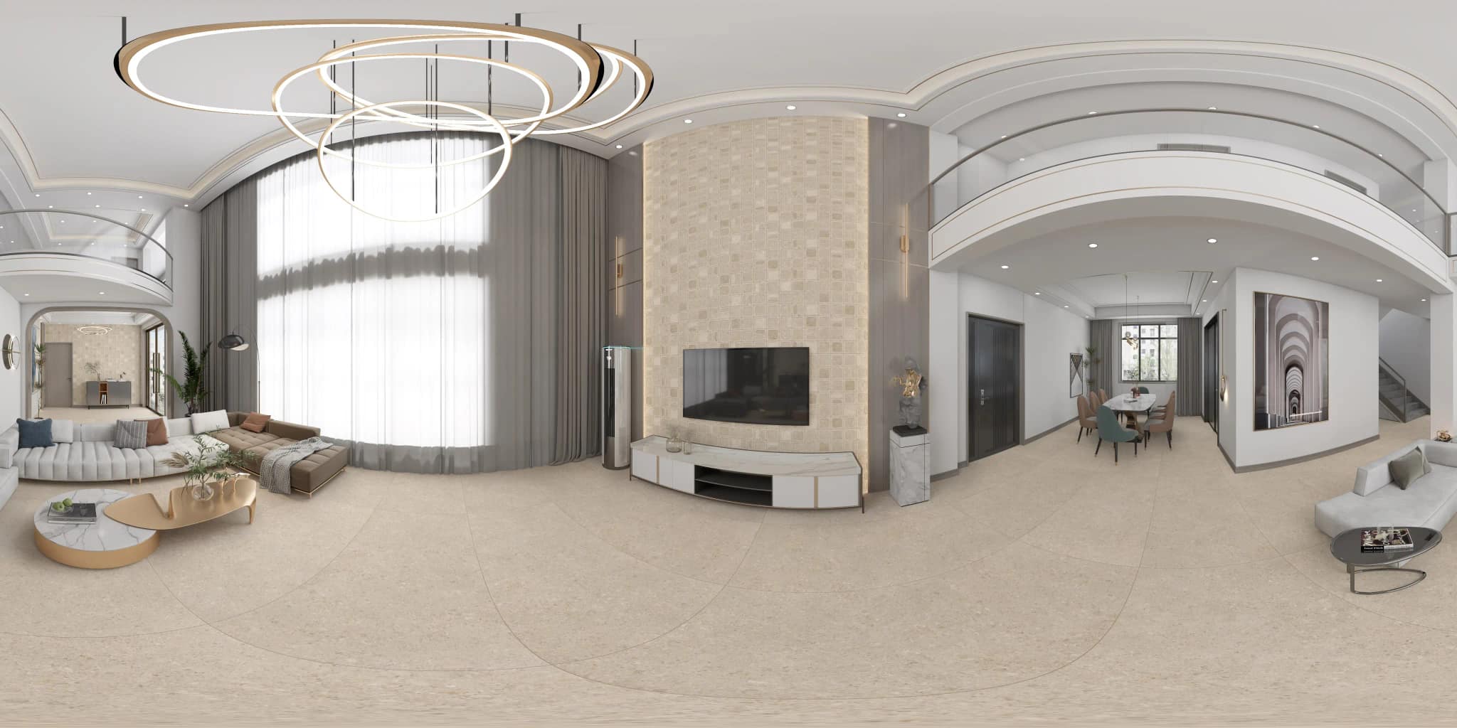 360° room render with Neomi Sand Decore on the feature wall