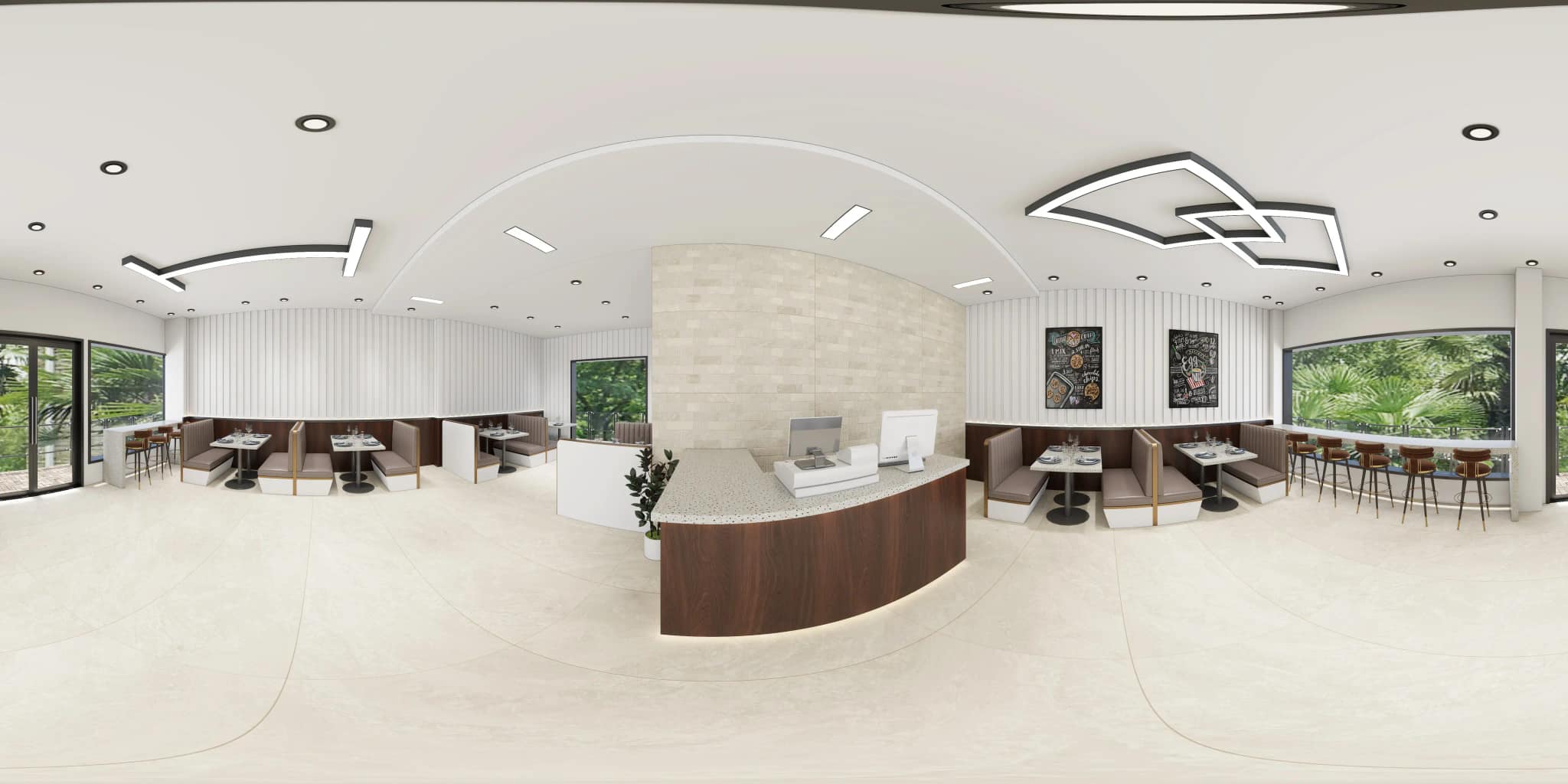 360° room render with Thassos Crema Decore on the feature wall