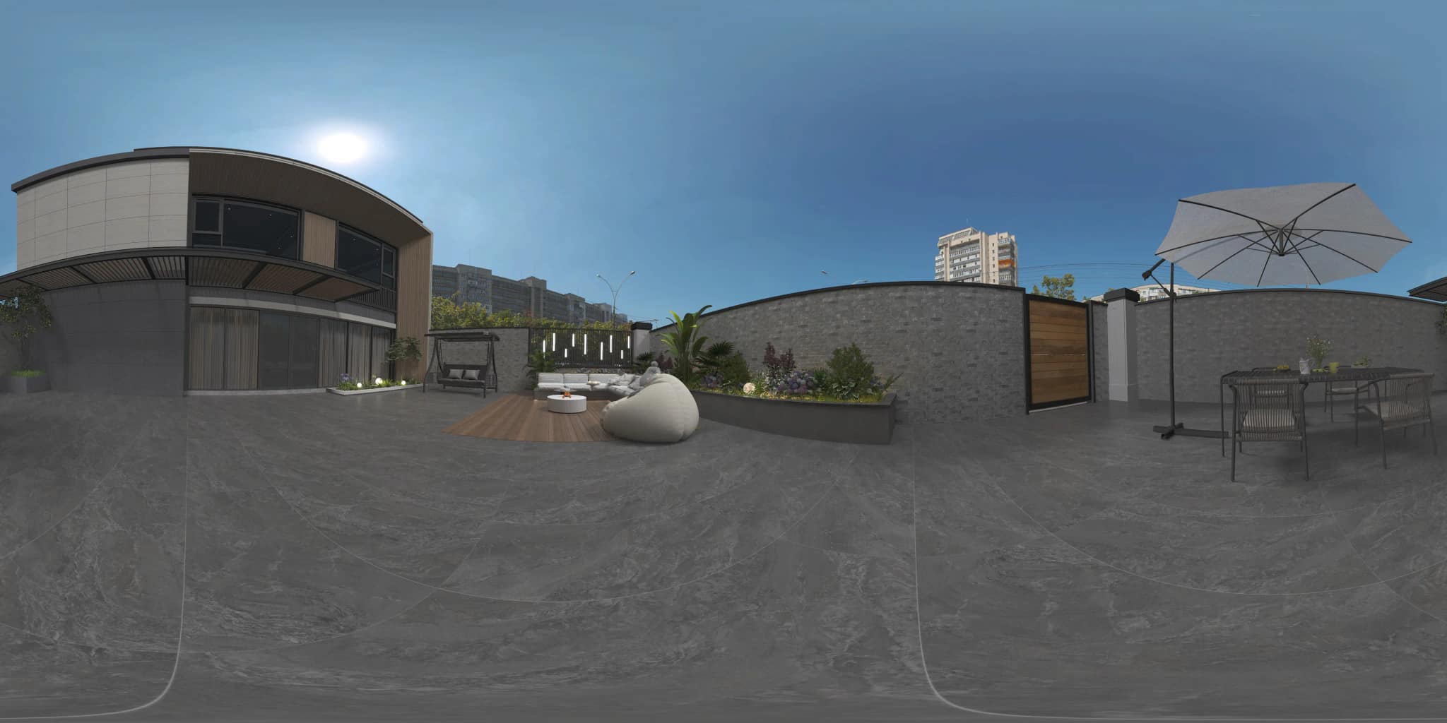 360° room render with Thassos Nero Decore on the feature wall