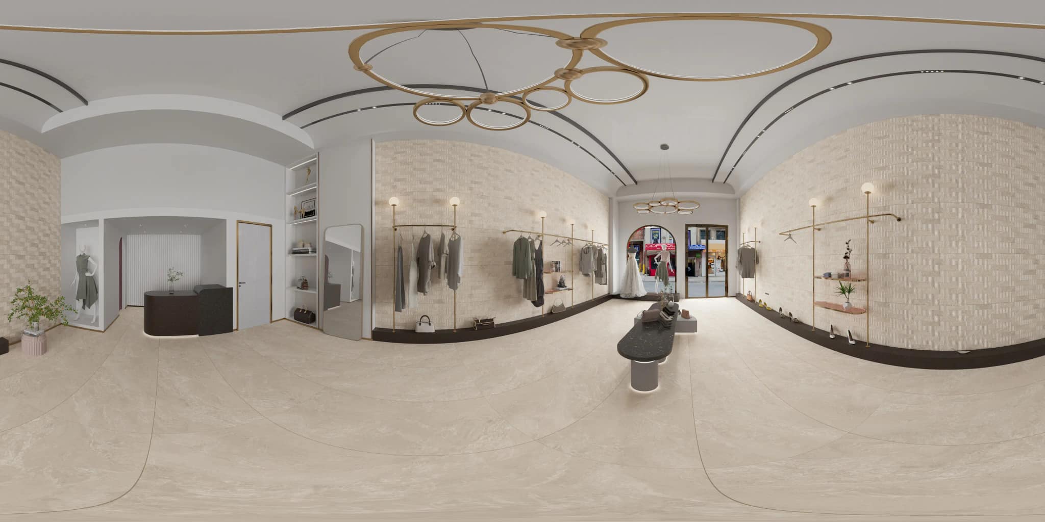 360° room render with Thassos Sand Decore on the feature wall