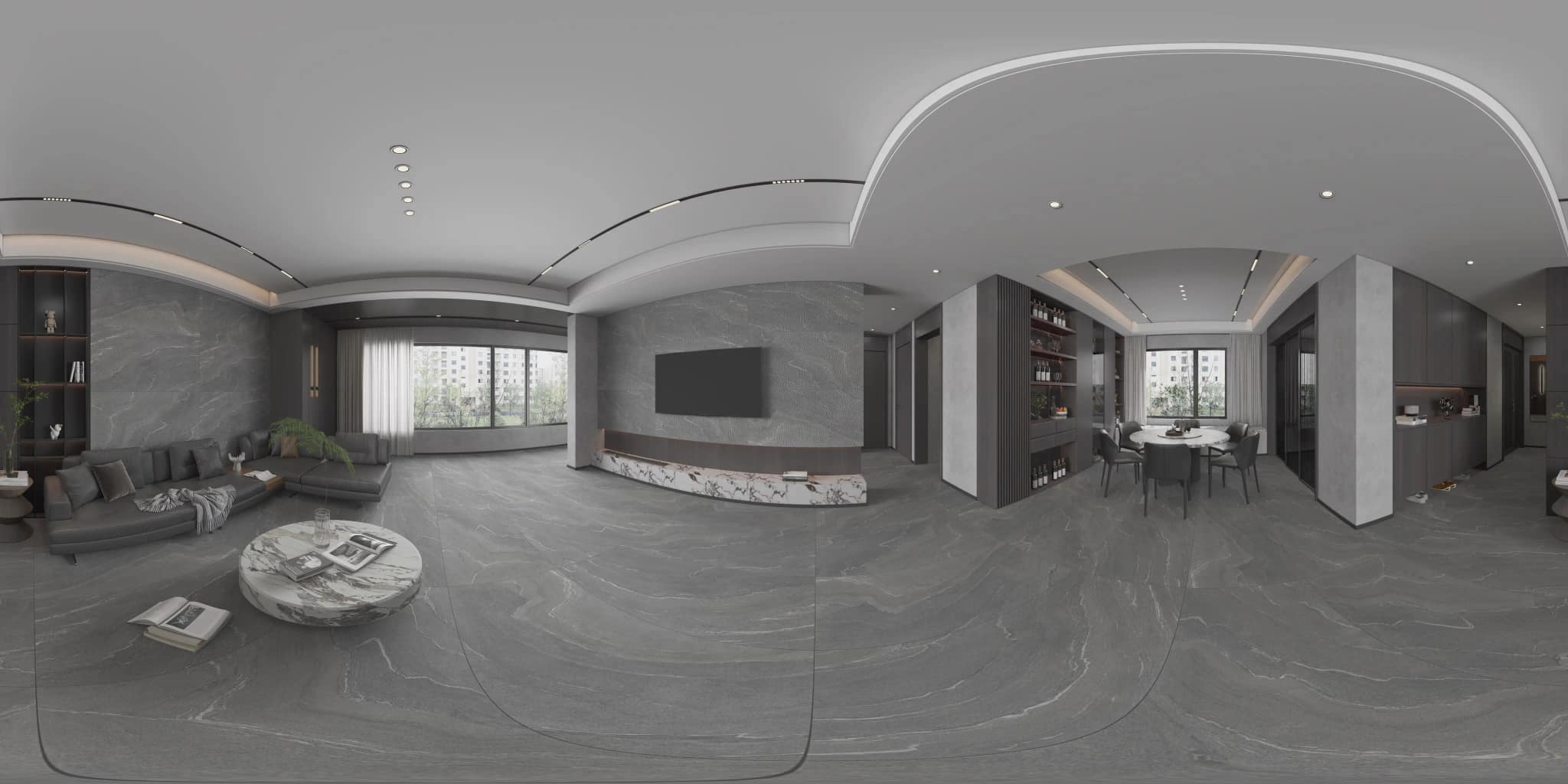 360° room render with Venice Nero Decore on the feature wall